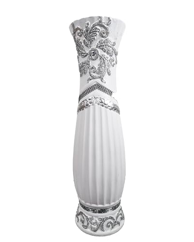Dekorative Bodenvase aus Keramik, 60 cm, Weiß mit silbernem Glitzer und Strass-Details von Homestreet