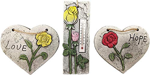 HomestreetUK Sweet Sentiments Garten-Dekorationsset enthält ein Thermometer in Steinform und 2 hängende Herz-Schilder, Liebe, Hoffnung, Rosen in Geschenkbox von HomestreetUK