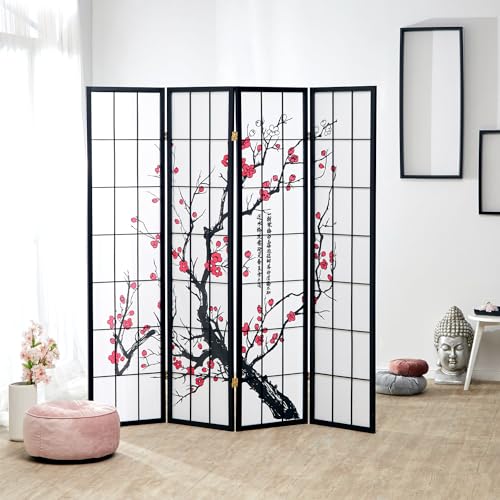 Homestyle4u Paravent Raumteiler 4 teilig Innen Holz Schwarz Reispapier Weiß Kirschblüten Motiv Sichtschutz Homestyle4u Paravent Raumteiler 4 teilig Innen Holz Schwarz Reispapier Weiß Kirschblüten Motiv Sichtschutz von Homestyle4u