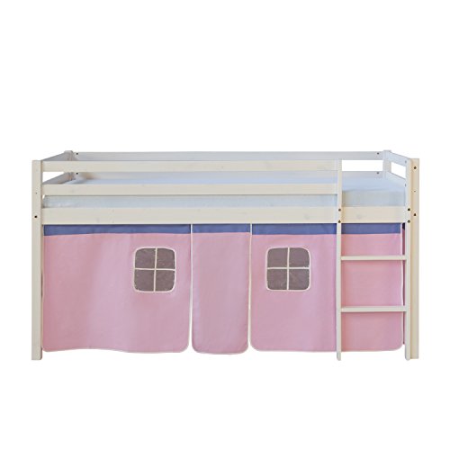 Homestyle4u 1535, Kinder Hochbett Weiß Mit Leiter, Vorhang Rosa, Massivholz Kiefer Weiß, 90x200 cm von Homestyle4u