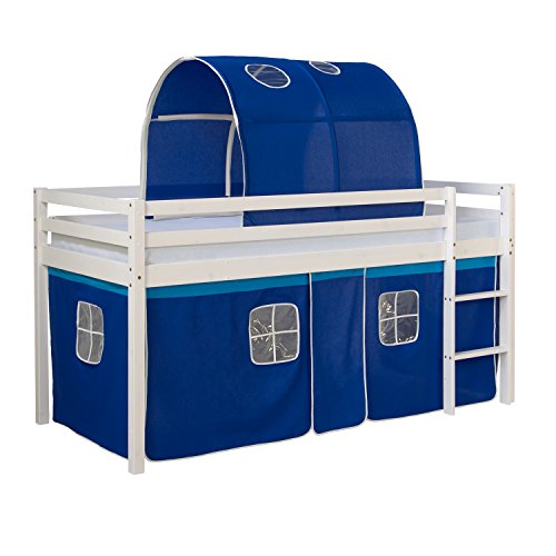 Homestyle4u Kinderbett weiß 90 x 200 cm Holz Stockbett Hochbett mit Vorhang und Tunnel blau von Homestyle4u