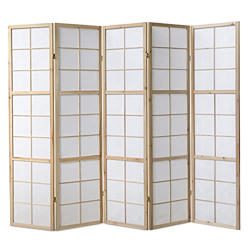 Homestyle4u 169, Paravent Raumteiler 5 teilig Holz Natur Raumtrenner Sichtschutz Reispapier Weiß Höhe 175 cm von Homestyle4u