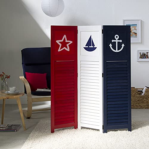 Homestyle4u 1824, Paravent Raumteiler 3 teilig, Motiv Maritim, Weiß Blau Rot von Homestyle4u