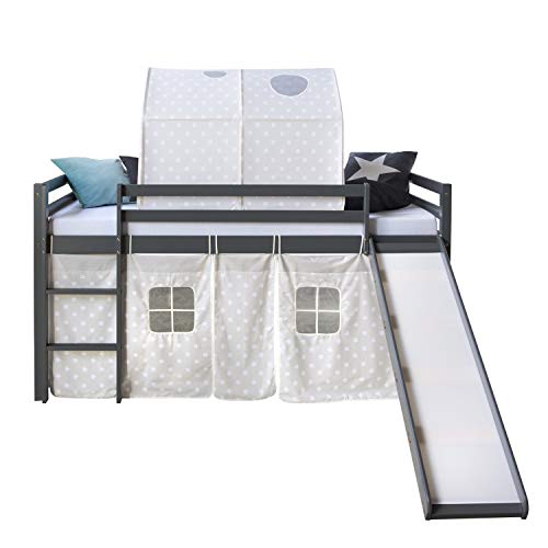 Homestyle4u 1872, Kinderbett Hochbett 90x200 mit Rutsche Grau Kiefer Holz Bettgestell mit Leiter Tunnel Vorhang Sterne von Homestyle4u