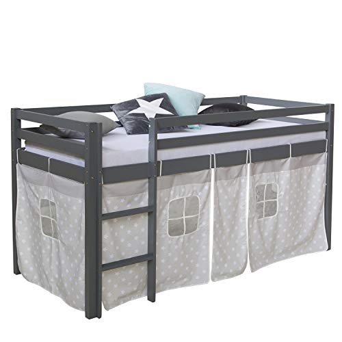 Homestyle4u 1875, Hochbett Kinderbett 90x200 Grau Kiefer Holz Jugendbett mit Leiter Vorhang Sterne von Homestyle4u