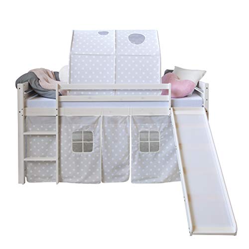 Homestyle4u 1885, Kinderbett Hochbett 90x200 cm Weiß mit Rutsche Leiter Tunnel Sternen Vorhang Holz Kiefer von Homestyle4u