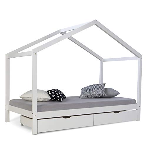 Homestyle4u 1922, Kinderbett Mit Lattenrost, Hausbett 90x200 Weiss mit Bettkasten, Holz Kiefer von Homestyle4u