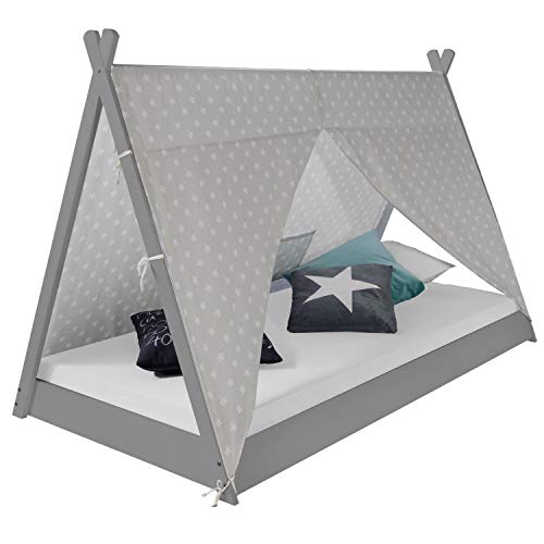 Homestyle4u 1967, Kinderbett 90x200 cm, Tipi Bett Grau Weiß, Tipi Zelt Mit Sterne, Holz Kiefer von Homestyle4u