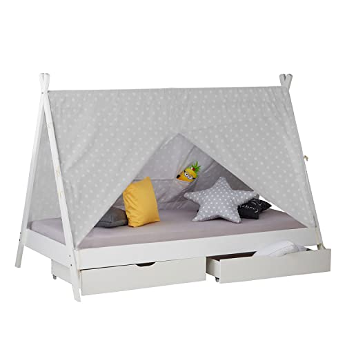 Homestyle4u 1990, Tipi Bett Kinderbett 90x200 cm Hausbett Weiß 2 Schubladen Jugendbett Zelt Sterne Holz Kiefer von Homestyle4u