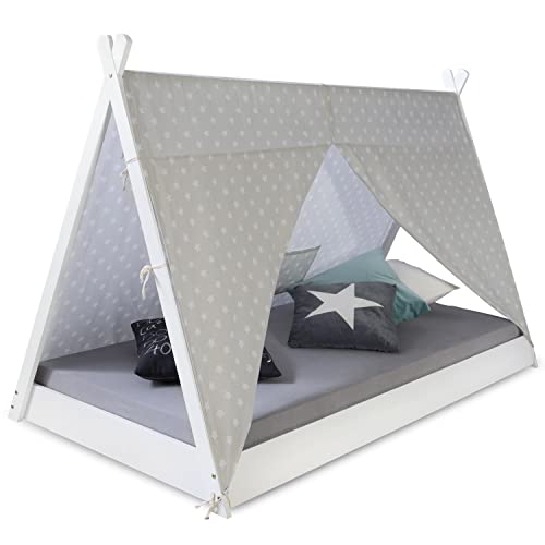 Homestyle4u 2084 Tipi Kinderbett Mit Lattenrost Matratze 90x200 cm Weiß Holzbett Bodentief Indianer Zelt Bett Spielbett von Homestyle4u