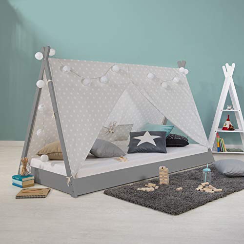 Homestyle4u 2085 Tipi Kinderbett Mit Lattenrost Matratze 90x200 cm Grau Holzbett Bodentief Indianer Zelt Bett Spielbett von Homestyle4u