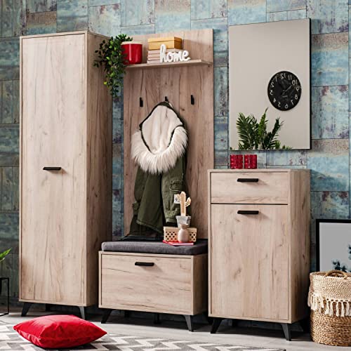 Homestyle4u 2207 Garderobenset 5-teilig Komplettset Holz Eiche Grau Flurgarderobe Sitzbank Garderobenmöbel Flurmöbel Set von Homestyle4u