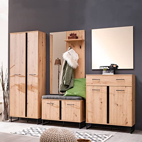 Homestyle4u 2209 Garderobenset 5-teilig Komplettset Holz Eiche Grau Flurgarderobe Sitzbank Garderobenmöbel Flurmöbel Set von Homestyle4u