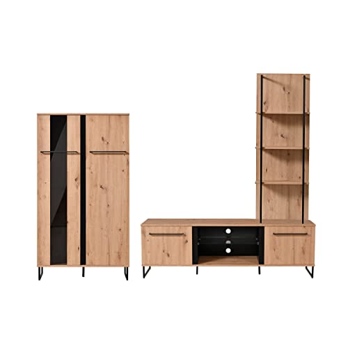 Homestyle4u 2215, Wohnwand Modern Industrial Style Holz Eiche Schwarz Wohnzimmer 3 Teilig Schrankwand Anbauwand Komplett-Set von Homestyle4u