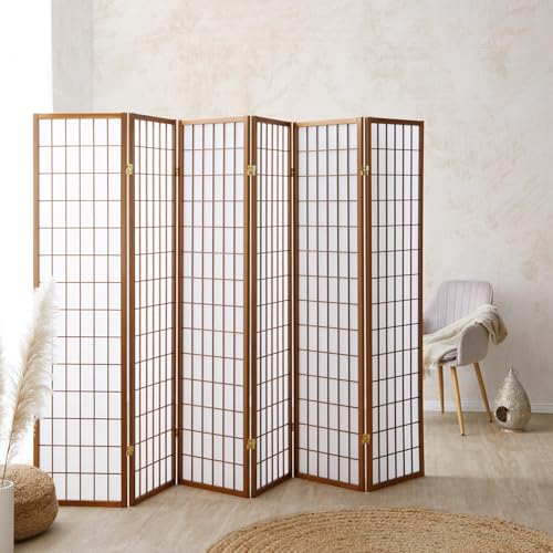Homestyle4u 227, Paravent Raumteiler Innen 6 teilig Holz Braun Trennwand Sichtschutz Reispapier Weiß Höhe 175 cm von Homestyle4u