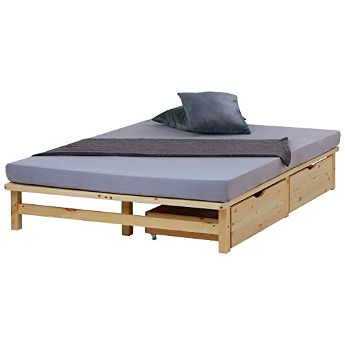 Homestyle4u Holzbett Palettenbett 140x200 cm 2 Schubladen Bettgestell mit Lattenrost Natur Kiefer Massivholz Homestyle4u Holzbett Palettenbett 140x200 cm 2 Schubladen Bettgestell mit Lattenrost Natur Kiefer Massivholz von Homestyle4u