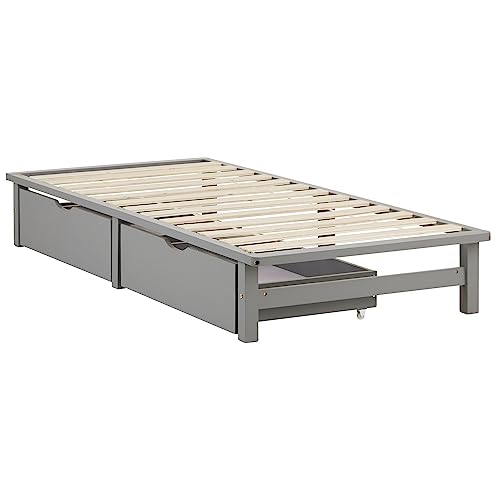 Homestyle4u 2289, Holzbett Palettenbett 90 x 200 cm mit Schubladen Bettgestell mit Lattenrost Grau Kiefer Massivholz von Homestyle4u