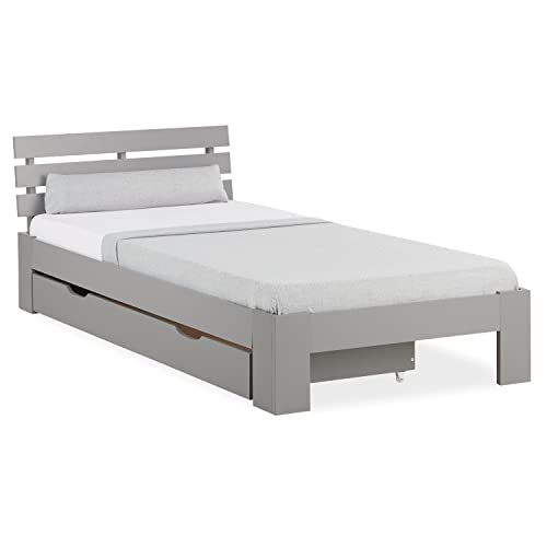 Homestyle4u 2293, Holzbett 90x200 mit Schublade Grau Einzelbett mit Lattenrost Bettkasten Bett Holz Kiefer von Homestyle4u