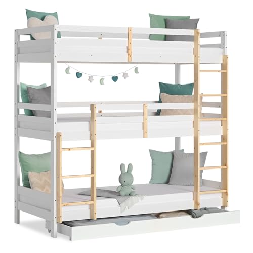 Homestyle4u Kinderbett Etagenbett 3 Kinder | Hochbett 90x200 mit Treppe Lattenrost Bettkasten | Weiß Holz Natur | Artikel 2589 von Homestyle4u