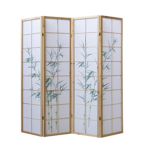 Homestyle4u 265, Paravent Raumteiler 4 teilig, Holz Natur, Reispapier Weiß, Bambus Motiv Grün von Homestyle4u
