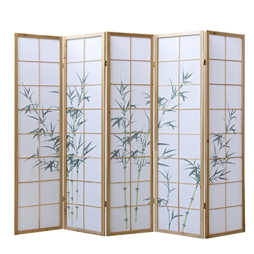 Homestyle4u 266, Paravent Raumteiler 5 teilig, Holz Natur, Reispapier Weiß, Bambus Motiv Grün von Homestyle4u
