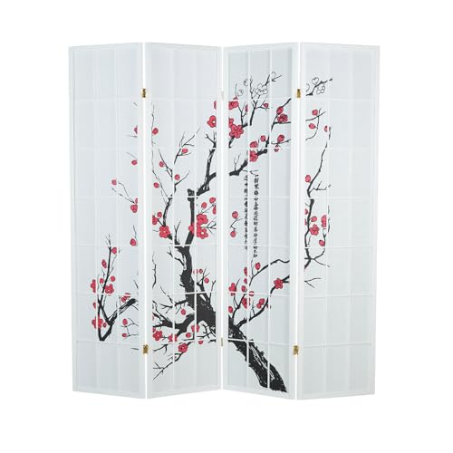 Homestyle4u 277, Paravent Raumteiler 4 teilig, Holz Reispapier, Weiß Kirschblüten Motiv… von Homestyle4u