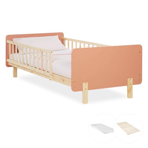 Homestyle4u 2803, Kinderbett 90x200 mit Rausfallschutz, Matratze & Lattenrost Apricot Natur Massivholz Kleinkindbett Gitterbett Bett Kinder von Homestyle4u