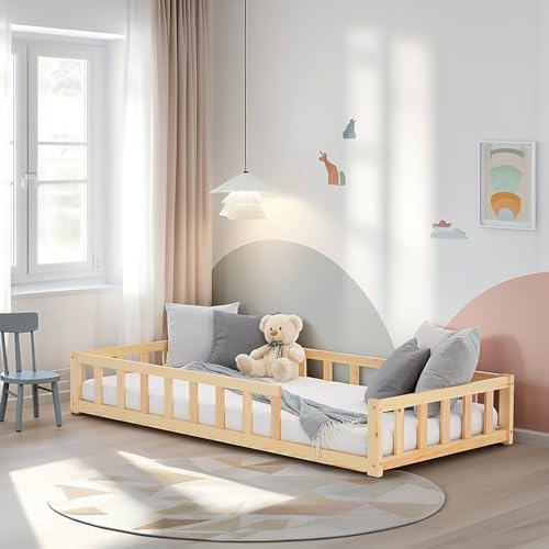 Homestyle4u Bodenbett 90x200 Natur Montessori Kinderbett mit Rausfallschutz Lattenrost Kinder Holzbett von Homestyle4u