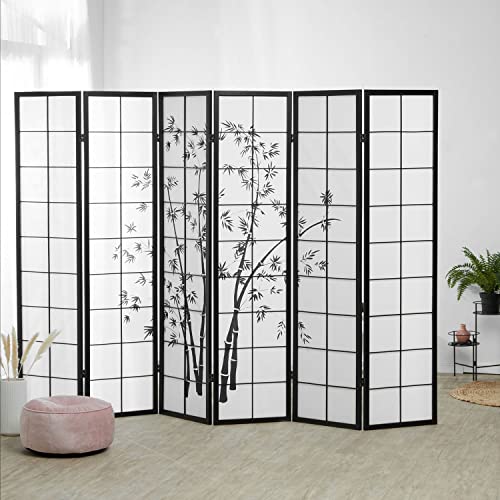 Homestyle4u 288, Paravent Raumteiler 6 teilig, Holz Schwarz, Reispapier Weiß Motiv Bambus, Höhe 179 cm von Homestyle4u
