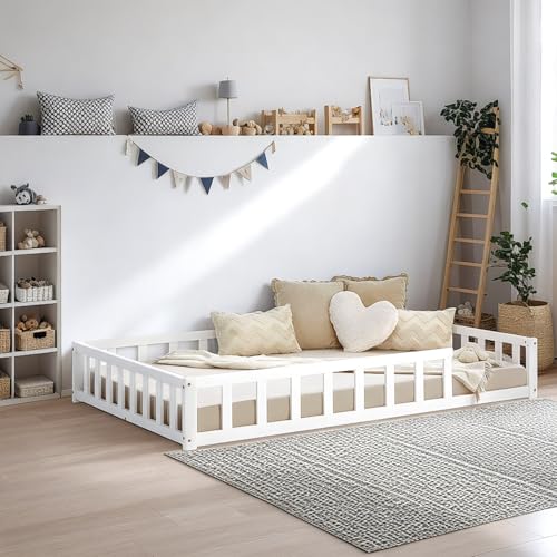Homestyle4u Bodenbett 120x200 Weiß Montessori Kinder Holzbett Kinderbett mit Rausfallschutz Matratze Lattenrost von Homestyle4u