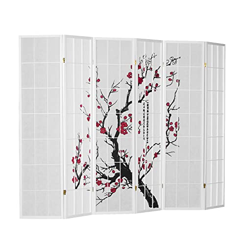 Homestyle4u 340, Paravent Raumteiler 6 teilig, Holz Reispapier, Weiß Kirschblüten Motiv von Homestyle4u