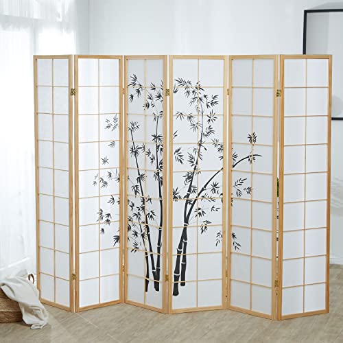Homestyle4u 394, Paravent Raumteiler 6 teilig, Holz Natur, Reispapier Weiß Motiv Bambus, Höhe 179 cm von Homestyle4u