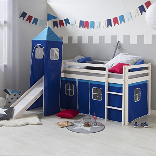 Homestyle4u 521, Kinderbett Hochbett 90x200 mit Rutsche Weiß Treppe Turm Vorhang Blau Bettgestell Holz Kiefer von Homestyle4u