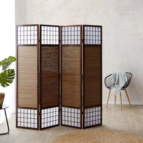 Homestyle4u 89, Paravent 4 teilig Dunkelbraun Bambus Raumteiler Holz Shoji Sichtschutz von Homestyle4u