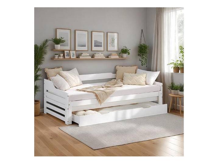 Homestyle4u Ausziehbett 90x200 Kinderbett Ausziehbett Weiß 2 Liegeflächen Gästebett 2 Personen (Set), mit Stauraum (Bettkasten/Schublade), ebene Liegefläche, ausziehbar, weiß, Weiß mit Lattenrost von Homestyle4u