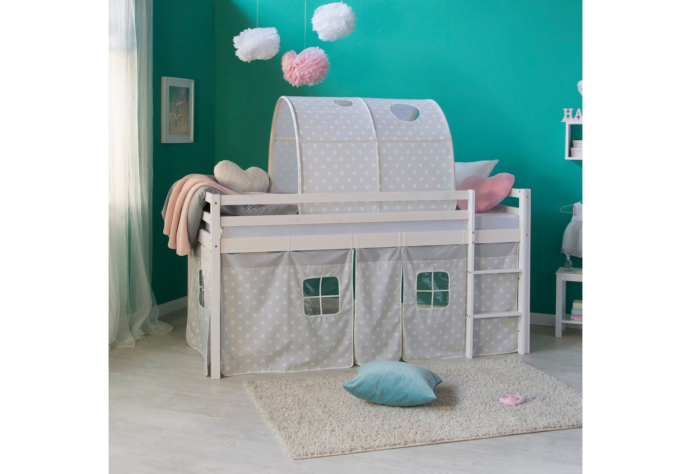 Homestyle4u Betttunnel für Hochbett Zelt Bettdach Höhle Kinderbett Fenster zum Klemmen Treppe, Sterne Grau von Homestyle4u