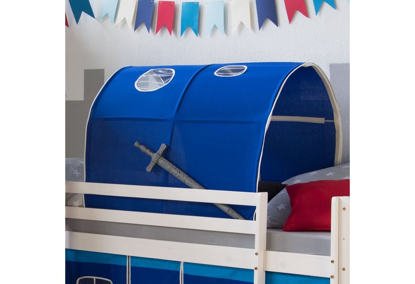 Homestyle4u Betttunnel für Hochbett Zelt Bettdach Höhle Kinderbett Fenster zum Klemmen Treppe, mit Rausfallschutz, Blau, Junge von Homestyle4u