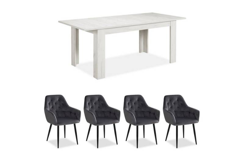 Homestyle4u Essgruppe Esstisch 90x160 4 Stühle Grau Samt Weiß Küchentisch Sitzgruppe Sessel, (Set, Esszimmergruppe 5 teilig, 5-tlg., Esszimmergruppe 5 teilig, Set/Komplettset), Küchentisch ausziehbar auf 90x200, Polsterstuhl, Essstuhl von Homestyle4u