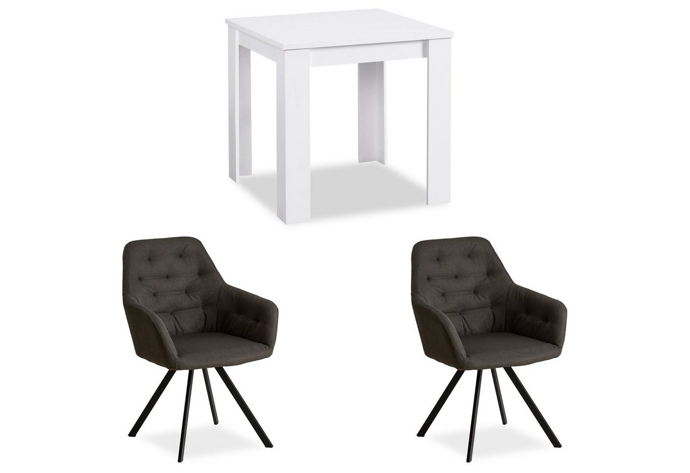 Homestyle4u Essgruppe Esstisch 80x80 Weiß mit 2 Stühlen Grau, (Komplett-Set, 3-tlg) von Homestyle4u