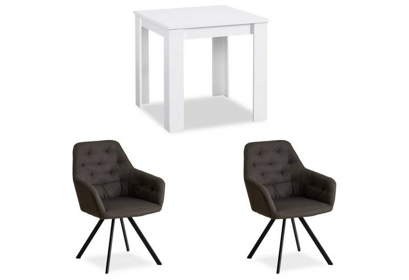 Homestyle4u Essgruppe Esstisch 80x80 2 Stühle Grau Weiß Küchentisch klein Sitzgruppe Schwarz, (Set, Esszimmergruppe 3 teilig, 3-tlg., Esszimmergruppe 3 teilig), Sessel Polsterstuhl, Leinen, Essstuhl von Homestyle4u