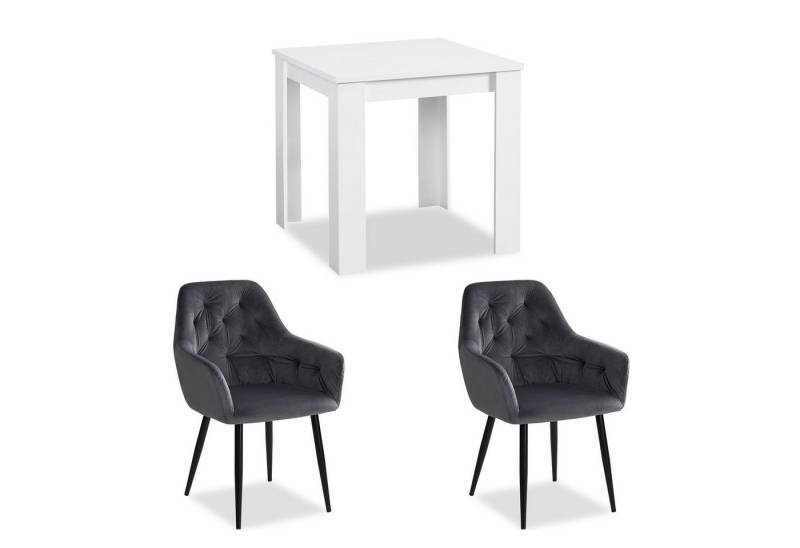 Homestyle4u Essgruppe Esstisch 80x80 2 Stühle Grau Samt Weiß Schwarz Küchentisch Sitzgruppe, (Set, 3-tlg., Esszimmergruppe 3 teilig), Sessel Polsterstuhl, Essstuhl von Homestyle4u