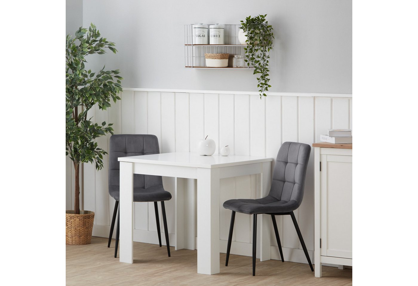 Homestyle4u Essgruppe Esstisch 80x80 mit 2 Stühle Samt Weiß Küchentisch klein Sitzgruppe, (Set, Esszimmergruppe 3 teilig, Grau, 3-tlg), Polsterstuhl, Essstuhl von Homestyle4u