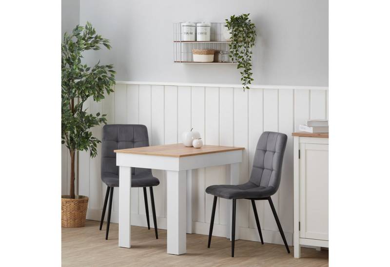 Homestyle4u Essgruppe Esstisch 90x160 2 Stühle Grau Samt Weiß Küchentisch Eiche Sitzgruppe, (Set, 3-tlg., Esszimmergruppe 3 teilig), Essstuhl von Homestyle4u