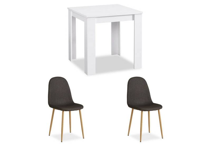 Homestyle4u Essgruppe Esstisch 80x80 2 Stühle Grau Weiß Holz Küchentisch klein Sitzgruppe, (Set, Esszimmergruppe 3 teilig, 3-tlg), Polsterstuhl Leinen, Essstuhl von Homestyle4u
