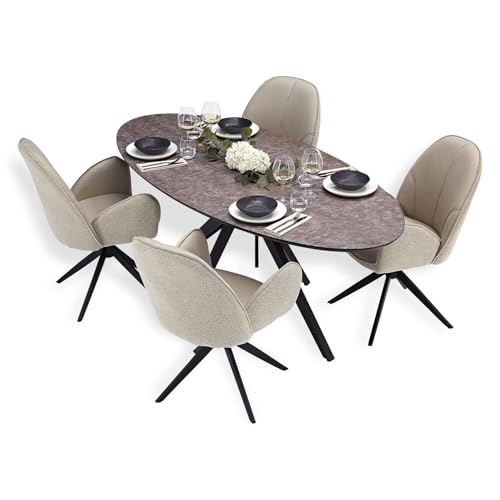 Homestyle4u Essgruppe Tisch Oval Esszimmertisch 4 Personen Metall mit Esszimmerstuhl Bouclé Beige Leder Drehbar 4er Set von Homestyle4u