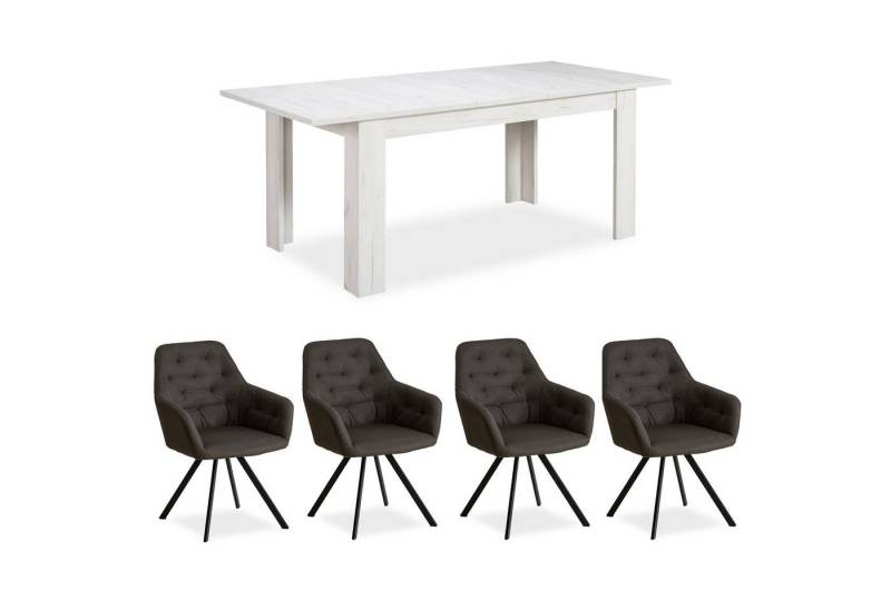 Homestyle4u Essgruppe Esstisch 90x160 mit 4 Stühle Grau Weiß Küchentisch Sitzgruppe Sessel, (Set, Esszimmergruppe 5 teilig, 5-tlg), Küchentisch ausziehbar auf 90x200, Sessel Polsterstuhl, Essstuhl von Homestyle4u