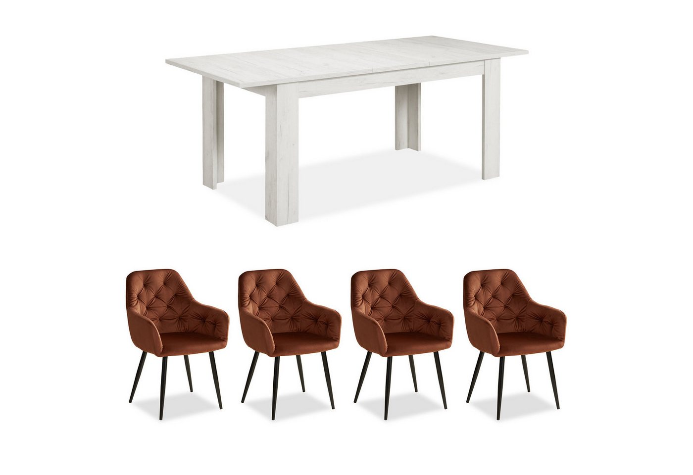 Homestyle4u Essgruppe Esstisch 90x160 mit 4 Stühle Braun Samt Weiß Küchentisch Sitzgruppe, (Set, Esszimmergruppe 5 teilig, 5-tlg), Küchentisch ausziehbar auf 90x200, Sessel Polsterstuhl, Bronze von Homestyle4u