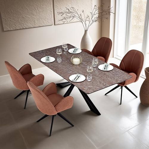Homestyle4u Essgruppe mit 4 Stühlen Esstisch 200x100 Esszimmerstühle Drehbar Polsterstühle Braun Bouclé Leder 4 Personen von Homestyle4u