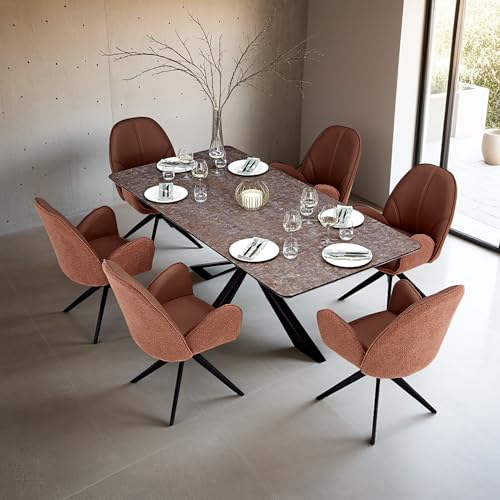 Homestyle4u Essgruppe mit 6 Stühlen Esstisch 200x100 Tisch Modern Polsterstühle Drehbar Braun Bouclé Leder 6 Personen von Homestyle4u