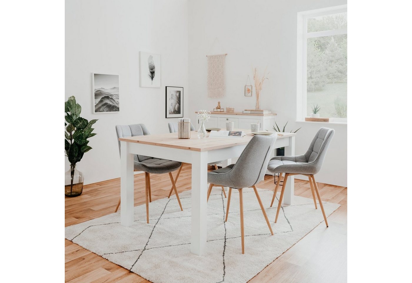 Homestyle4u Esstisch Küchentisch 90x160-215 cm bis 8 Personen Holz Weiß Wohnzimmer Eiche, ausziehbar auf 90x215 cm von Homestyle4u